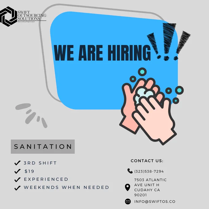 We are hiring for sanitation. Feel free to contact us if you have any questions. Monday - Wednesday from 9AM - 1 PM

#applynow #getajob #3shift #experienced #weekendswhenneeded #fulltimejob #jobagency #warehouse #swiftoutsourcingsolutions #sos #southgate #cudahy 