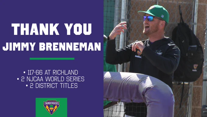 Dallas College Richland baseball coach Jimmy Brenneman (motioning to his players from the dugout) resigned to take an assistant coaching position at Purdue University. 