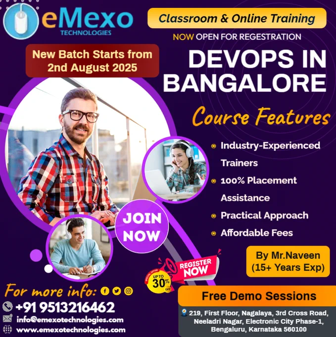 📢 Attention Future DevOps Engineers! @everyone @highlight @followers
🚀DevOps Training in Bangalore – Master the Most In-Demand DevOps Tools with eMexo Technologies!
🎉🔥 Limited-Time Offer: Get 30% OFF on our DevOps Certification Course in Bangalore – Available in Online & Offline Batches!
Want to fast-track your career in DevOps and Cloud Automation? Join eMexo Technologies, the Best DevOps Training Institute in Bangalore, and gain hands-on expertise from top industry professionals. Whether you're a fresher, system admin, or developer, our DevOps Course in Bangalore will equip you with real-world skills and certification readiness.
✅ Why Choose DevOps Training in Bangalore at eMexo Technologies?
 🔹 All-Inclusive Curriculum – Master tools like Git, Jenkins, Docker, Kubernetes, Ansible, Terraform, Maven, Prometheus, Grafana, and AWS DevOps
 🔹 Hands-On Projects – Deploy CI/CD pipelines, automate infrastructure, containerize apps, and monitor live systems
 🔹 Expert Trainers – Learn..