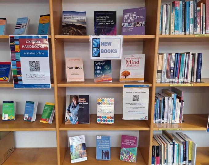 A photo of bookshelves displaying a selection of new books.
