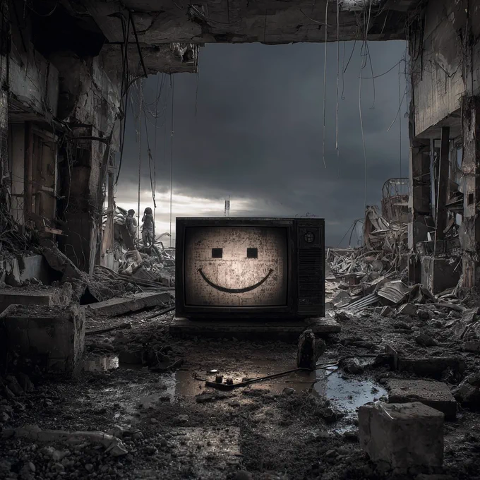 A destroyed, apocalyptic cityscape surrounds an old television set sitting in rubble. Despite the devastation, the TV screen displays a bright, artificial smiley face—symbolizing the contrast between media narratives and harsh realities.