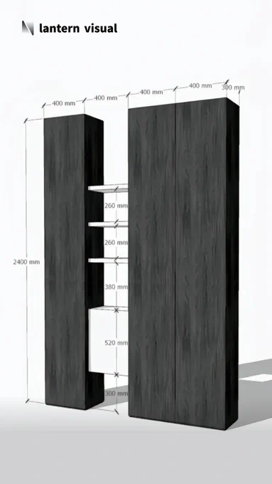 A photorealistic 3D rendering of a built-in wall unit designed by Lantern Visual for cabinet manufacturers. This design combines dark wood grain tall cabinets with central white open shelving and storage compartments, annotated with precise manufacturing dimensions such as the 260mm shelf height. As your trusted design partner, we swiftly turn concepts into reality.