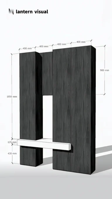 Conceptual 3D model of an architectural console unit designed by Lantern Visual. A 120mm-thick white bench spans between two 1850mm-tall dark wood vertical structures. We empower designers and manufacturers to transform bold design concepts into clear, photorealistic visuals - with unlimited revisions to achieve perfection.