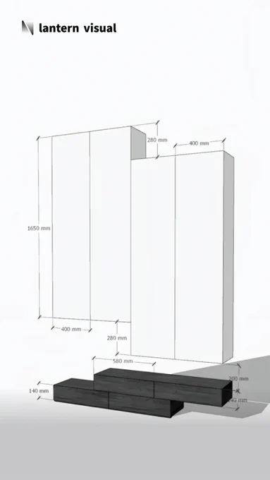 Exploded-view 3D rendering of a modular furniture system by Lantern Visual. This visualization distinctly showcases the upper unit of a 1650mm-high white cabinet along with multiple independent dark wood grain base modules. As part of our technical visualization services for woodworkers and cabinet manufacturers, we transform your designs into production-ready precise plans. Start your 1-week free trial today.