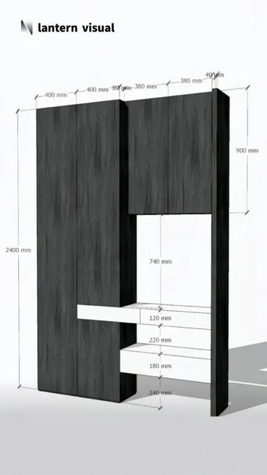 Photorealistic 3D renderings of custom wardrobe units by Lantern Visual, showcasing technical details. The design features a dark wood grain finish, with a total height of 2400mm, incorporating tall cabinets, upper cabinets, and a desk niche with drawers. These precise visualizations help manufacturers transform intricate design concepts into powerful sales tools, delivered within 48 hours.