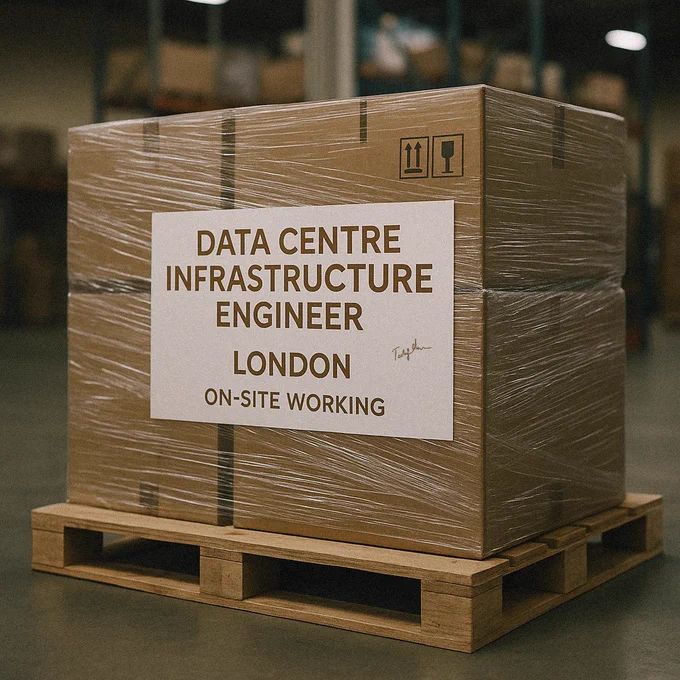 Job graphic for a Data Centre Infrastructure Engineer role in London. A large cardboard shipment on a pallet is shrink-wrapped with a bold label that reads “Data Centre Infrastructure Engineer – London – On-site Working.” Industrial warehouse setting highlights the hands-on, logistical nature of the role.