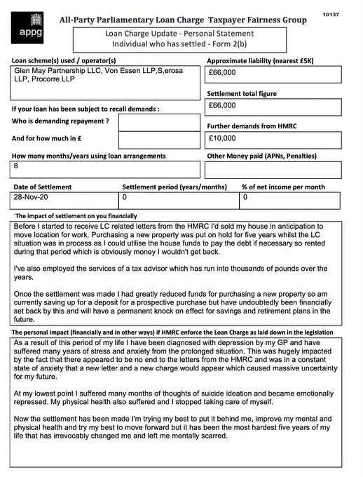 This is an example of a Loan Charge Impact statement taken as evidence by the Loan Charge and Taxpayer Fairness Group AAP. These statements highlight the true impact of the Loan Charge on families and individuals and how that differs from what is reported by HMRC

Work for HMRC? Sick of the slaughter? Help us. Follow the link below:

https://www.hmrcloancharge.info/hmrc-whistleblower-portal/

To see a proposed solution to the mess visit:

https://www.loanchargeresolution.co.uk/wp-content/uploads/2024/08/Letter-to-Exchequer-Secretary-to-the-Treasury-about-the-Loan-Charge-August-2024.pdf


We understand that those affected may be having a tough time right now, especially given the disappointing announcement from the Government. If this is you please seek help. We attach contact details for Samaritans.
#LoanChargeScandal 
 
https://www.samaritans.org
Call: 116 123