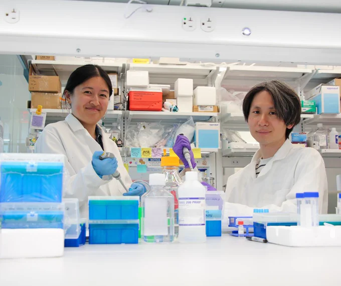 Emily Han, a doctoral student in BE and co-author of the paper, and Dongyoon Kim, a postdoctoral fellow in the Mitchell Lab and co-first author of the paper. 