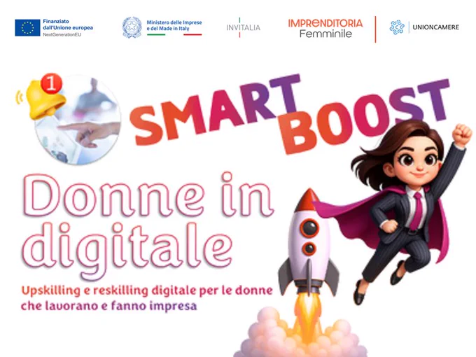 smart boost donne in digitale - razzo, superwoman in formato cartone animato, loghi enti