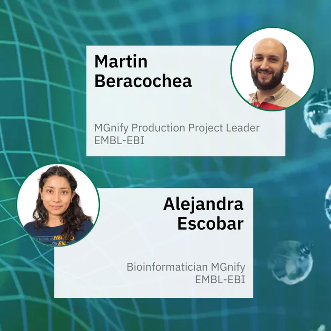 Webinar speakers are pictured. Top right: Martin Beracochea, MGnify Production Project Leader, EMBL-EBI. Bottom left: Alejandra Escobar, Bioinformatician MGnify, EMBL-EBI