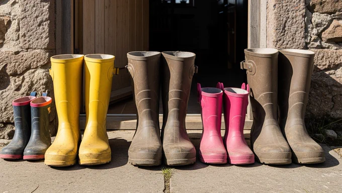 Five pairs of welly boots of various sizes lined up at a back door.