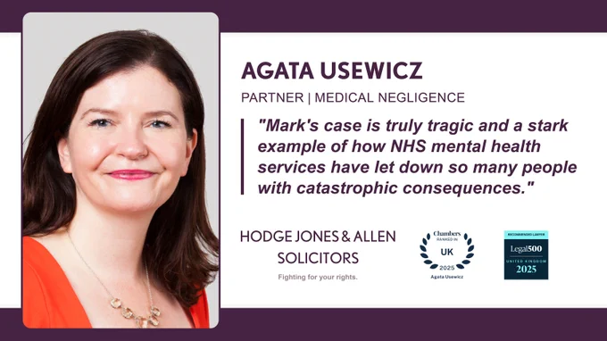Image: Professional portrait of Agata Usewicz - Partner in Medical Negligence team.

Text: Quote from Agata "Mark's case is truly tragic and a stark example of how NHS mental health services have let down so many people with catastrophic consequences."