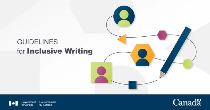 Three larger geometric shapes each containing profile images and four smaller geometric shapes. The shapes are all linked by a wavy line being drawn by a pencil. The text reads as follows: “Guidelines for Inclusive Writing.”