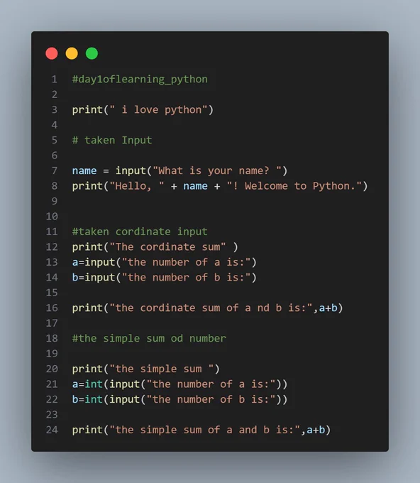 Today I explored the basics of Python:
✅ Printing and Type Checking  
✅ Type Casting (converting strings to numbers)  
✅ Arithmetic & Assignment Operators  
✅ Comparison Operators (==, !=, <, >)  
✅ Logical Operators (and, or, not) with Truth Tables

✅ Compact Caption-Style Explanation:
🧠 What I learned in Day 1 of Python:

✅ type() function – It tells you what kind of value a variable holds (like int, float, or string).
✅ Type Casting – Changing data from one type to another, like string "5" to integer 5 using int() or float().
✅ Arithmetic Operators – Used for basic math like  , -, *, and /.
✅ Assignment Operators – Let you update values, like b  = 3 means b = b   3.
✅ Comparison Operators – Compare values using ==, !=, <, >, and return True or False.
✅ Logical Operators – Combine conditions using and, or, and not.
✅ Truth Tables – Help you understand how logic works with True/False values.
These are the building blocks of Python logic — very important for writing real programs 
