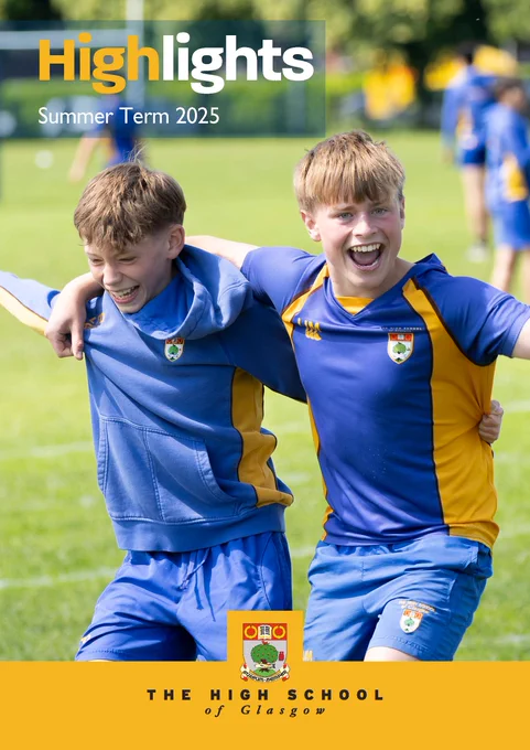 Two pupils from The High School of Glasgow celebrate together in blue and yellow sports uniforms on a sunny outdoor field, with arms around each other's shoulders, both smiling widely. The School's "Highlights Summer Term 2025" publication cover features the school crest and logo at the bottom.