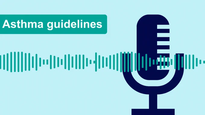 Image of a microphone with soundwaves running across it. Text above the microphone reads Asthma guidelines
