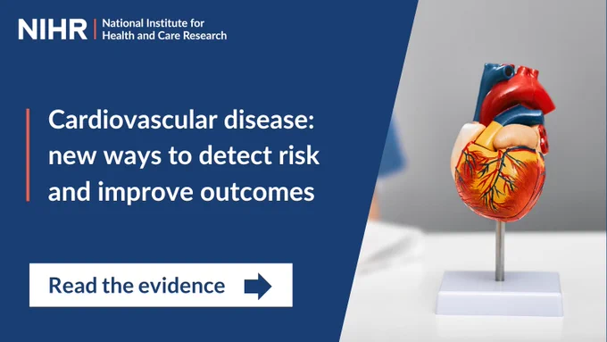 An image of a heart model on a stand against a blurred background alongside the text "Cardiovascular disease: new ways to detect risk and improve outcomes. Read the evidence."