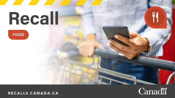 Close-up for a person’s hand holding a smartphone while pushing a grocery cart, with a red icon featuring a fork and knife. Text: Recall. Food. RECALLS.CANADA.CA