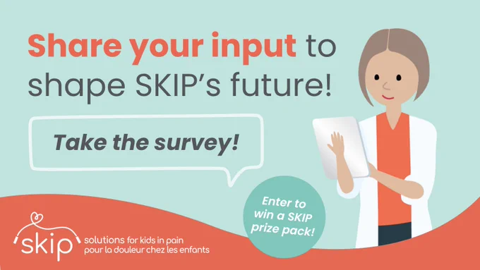 Graphic containing SKIP character on tablet, SKIP's logo and text that reads "Share your input to shape SKIP's future! Take the survey! Enter to win a SKIP prize pack!
