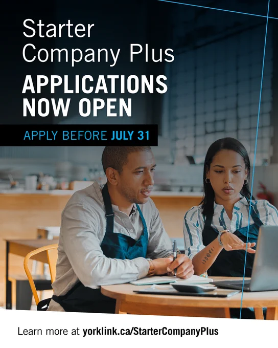 Entrepreneurs working together on a computer, with the text"Starter Company Plus. Applications now open" Apply before July 31