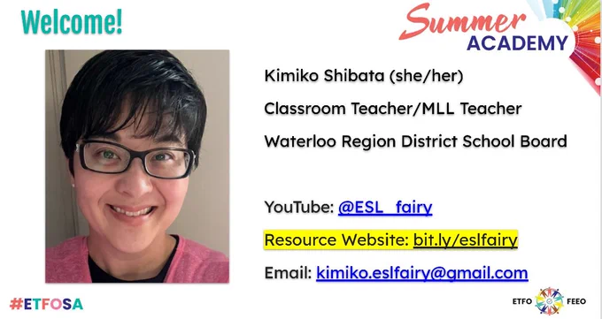 Welcome slide with photo of Kimiko and contact info
