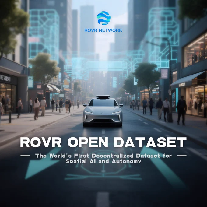 Autonomous vehicle driving through a smart city with digital overlays, promoting ROVR Network's Open Dataset, the first decentralized dataset for spatial AI and autonomy.