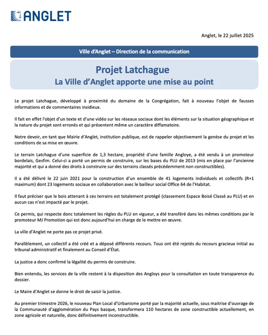 Projet Latchague - La Ville d'Anglet apporte une mise au point