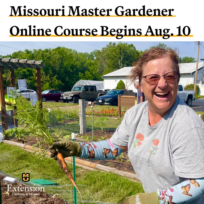 An Extension Master Gardener working in a community, smiling at the camera and holdng a carrot. 