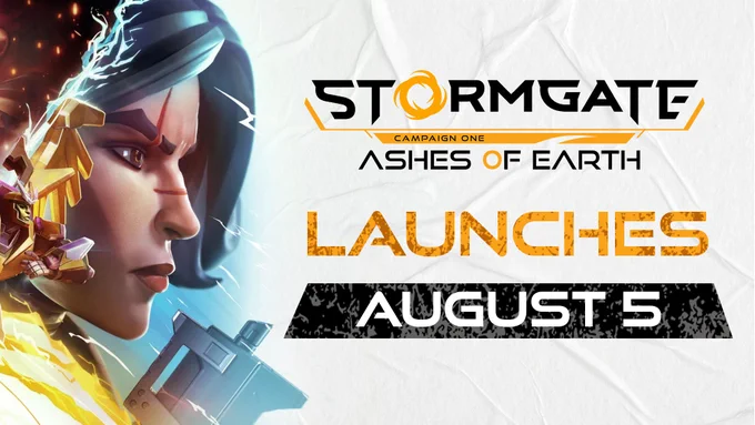 Promotional banner for "Stormgate: Campaign One - Ashes of Earth," featuring a close-up of a Amara's  face, announcing a launch date of August 5.