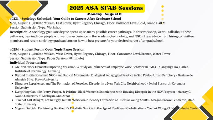 2025 ASA SFAB Sessions

Monday, August 11
40231 - Sociology Unlocked: Your Guide to Careers After Graduate
School
Mon, August 11, 8:00 to 9:30am, East Tower, Hyatt Regency Chicago, Floor: Ballroom Level/Gold, Grand Hall M
Session Submission Type: Workshop
Description: A sociology graduate degree opens up so many possible career pathways. In this workshop, we will talk about these pathways, hearing from people with various experience in the academy, technology, and NGOs. Hear advice from hiring committee members and recent sociology grad students on how to best prepare for your desired career after grad school.

40254 - Student Forum Open Topic Paper Session
Mon, August 11, 8:00 to 9:30am, West Tower, Hyatt Regency Chicago, Floor: Concourse Level/Bronze, Water Tower
Session Submission Type: Paper Session (90 minute)