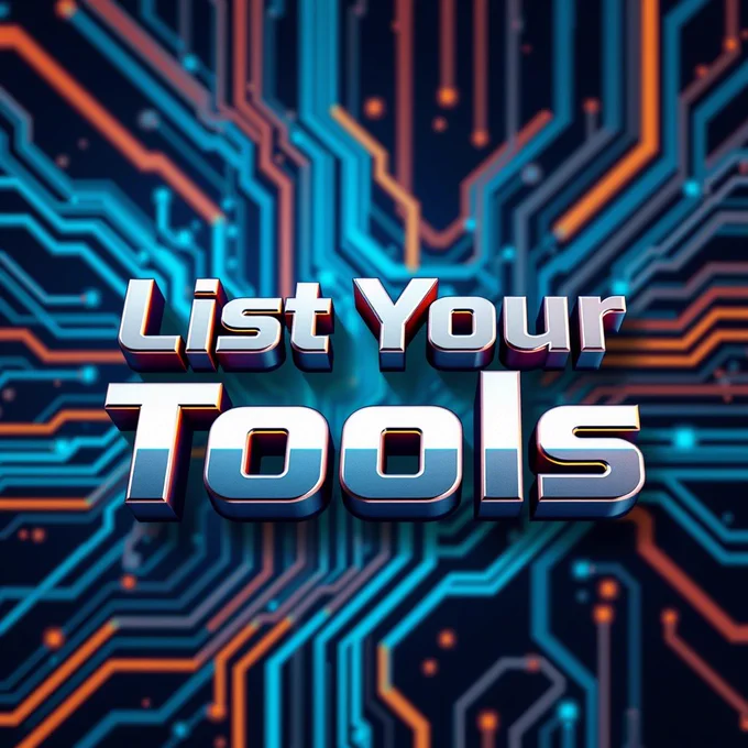 an image that says 'list your tools' in 3d with techie background. like the 3d words are on a motherboard