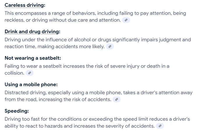 A screenshot of the #fatal5 causes listed by some Police forces.

Careless driving 
Drink & drug driving
Not wearing a seatbelt
Using a mobile phone
Speeding
