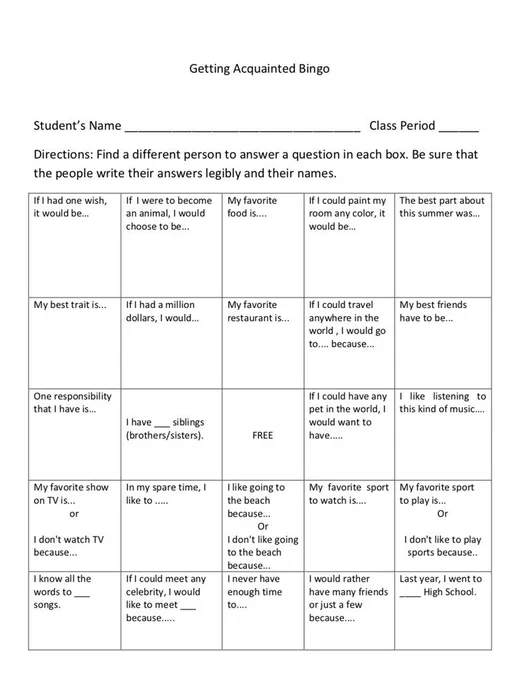 The instructions to this bingo card ask students to get answers from others to the questions contained in the boxes ("I never have enough time to ... , " "I know all the words to __ songs," etc.)