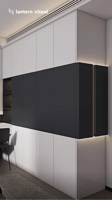 A meticulously rendered modern storage cabinet design by Lantern Visual, crafted for cabinet manufacturers. The full-wall cabinetry combines pure white and charcoal black, with the central black section protruding outward and featuring warm backlighting—highlighting exceptional spatial planning and design detail. Through our monthly VIP design subscription service, enjoy unlimited revisions until 100% client satisfaction is achieved, ensuring every detail is flawless.