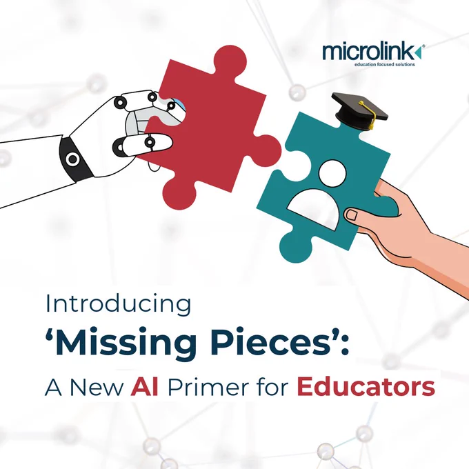 "Introducing Missing Pieces: A new AI primer for educators" 

A robotic hand holding a red puzzle piece on the left, and a human hand holding a blue puzzle piece on the right.