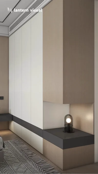 A professional 3D rendering of a bedroom space, expertly crafted by Lantern Visual’s elite team. The design masterfully blends light wood grain, pure white, and charcoal black materials to create a custom wardrobe system integrated with bedside storage. This image demonstrates how we serve as interior designers’ seamless design extension, rapidly exploring and finalizing optimal design solutions. We provide end-to-end support—from conceptual design to technical cabinetry specifications—ensuring your vision transitions flawlessly into reality.