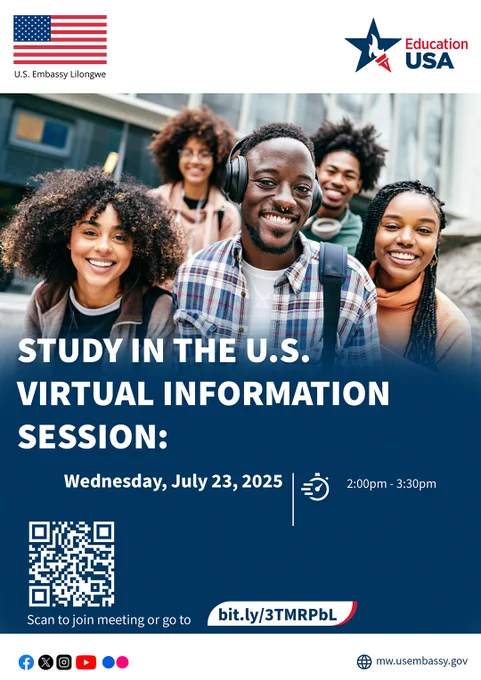 Group of smiling students outdoors with text promoting a U.S. Embassy Lilongwe virtual information session on studying in the United States, scheduled for July 23, 2025