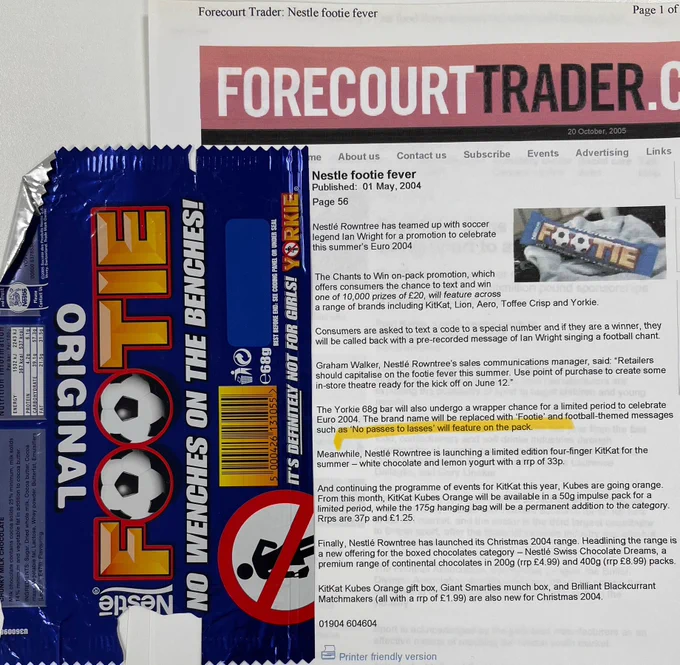 Photo of a Yorkie chocolate wrapper with message ‘No wenches on the benches’ on the packaging, alongside a press release about this from the same time, 2004.