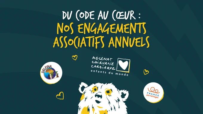 Bannière de l'article avec le titre "Du code au cœur : nos engagements associatifs annuels". L'ours du BearStudio est présent la bannière, observant les logos de quelques-uns des associations que le BearStudio a aidé avec cette démarche.
