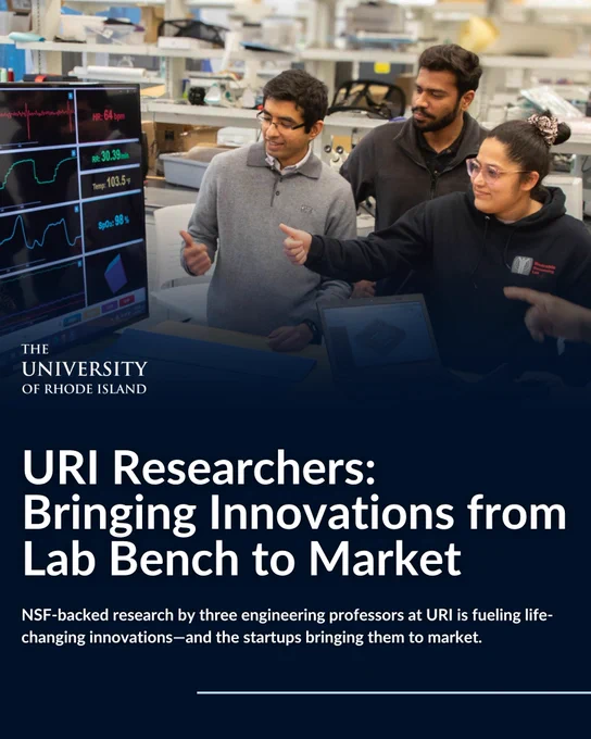 Four students and researchers collaborate in a lab surrounded by technical equipment. A computer monitor displays biometric data like heart rate, respiration, and temperature. Text reads: “URI Researchers: Bringing Innovations from Lab Bench to Market. NSF-backed research by three engineering professors at URI is fueling life-changing innovations—and the startups bringing them to market.”