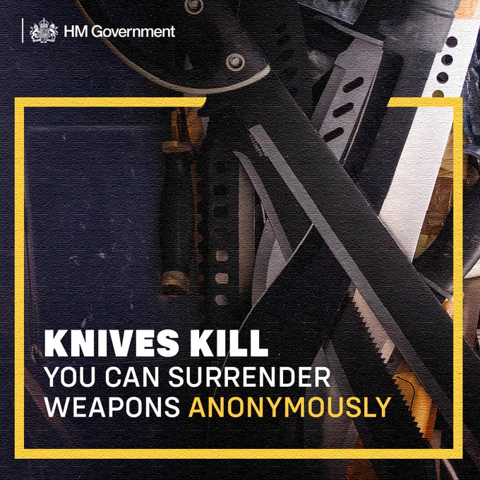 A central government/Home Office infographic reads as follows: "Knives kill. You can surrender weapons anonymously."