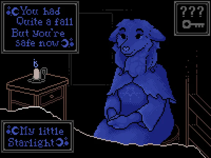 Pixel art of a motherly wolf/deer hybrid wearing a robe, sitting beside the viewer's bed. The room is laid out in simple outlines only, and the figure has monochrome blue shading. Two text boxes state: "You had Quite a fall But you're Safe now." and "My little Starlight".