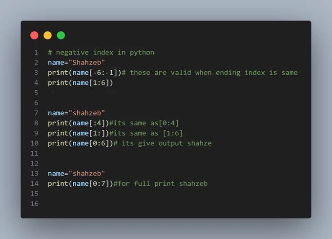 Topic: String Slicing & Negative Indexing in Python

Today I learned how to access parts of a string using both positive and negative indexes in Python:

📌 Key Concepts:

string[start:end] → returns characters from start to end-1

string[-n] → accesses characters from the end of the string

[:end] → from start to end-1

[start:] → from start to the end of string

🧠 Why It Matters:
Understanding string slicing is useful for:

Cutting parts of names, emails, or text

Masking or reversing strings

Cleaning or analyzing text data in real projects