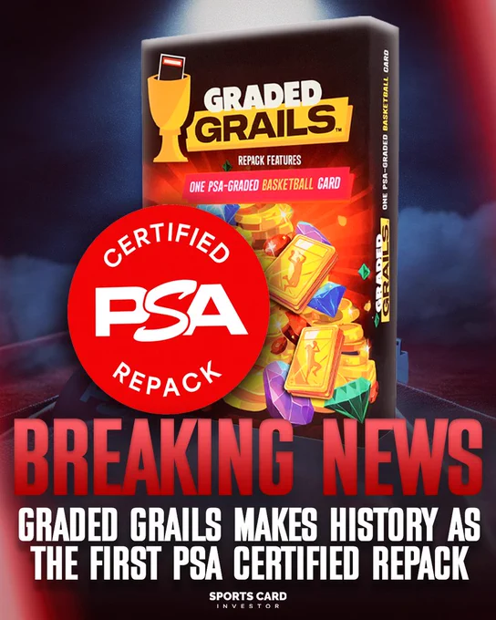 A promotional graphic for Graded Grails™, featuring a box labeled “One PSA-Graded Basketball Card” surrounded by illustrated gold bars, gems, and confetti. A large red PSA "Certified Repack" badge overlaps the box. Bold text at the bottom reads: "BREAKING NEWS — Graded Grails Makes History as the First PSA Certified Repack." The Sports Card Investor logo is shown underneath.