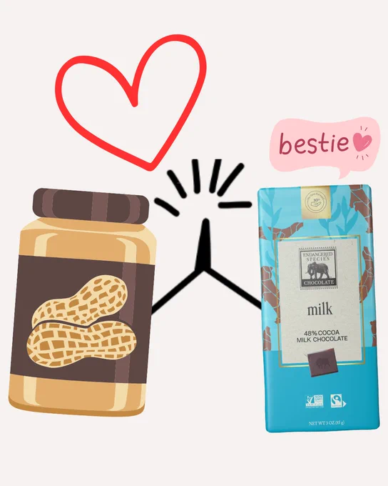 Illustration of a peanut butter jar and a milk chocolate bar, labeled as "bestie," connected by a doodle of hands clapping, representing a friendship or a pairing.