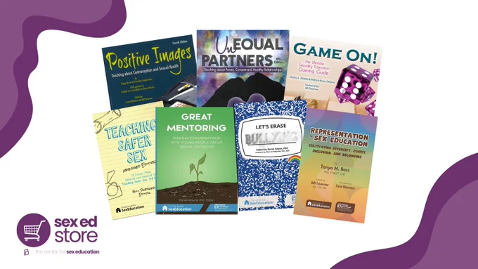 Image features the High School Kit. The Kit contains seven manuals: Positive Images, Unequal Partners, Game On, Teaching Safer Sex, Great Mentoring, Let's Erase Bullying, and Representation in Sex Education.