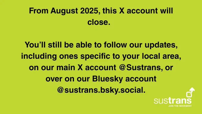 From August 2025, this X account will close.  

You’ll still be able to follow our updates, including ones specific to your local area, on our main X account @Sustrans, or over on our Bluesky account ‪@sustrans.bsky.social‬.
