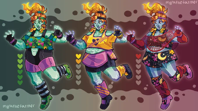 Three designs for ZombieCleo’s Past Life character, based on their Life Series Skin. The first represents her green lives, the second her yellow life, the third her red life. Individual designs and descriptions below.