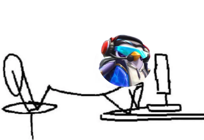 "Share a piece of lore about yourself" meme template with Pengu edited onto it.