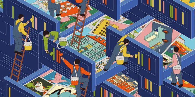 Figures sort images of objects such as buildings, cars and animals, into filing cabinet drawers.